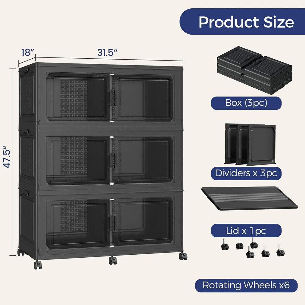 150GAL Storage Bins with Lid and Wheels, Stackable Closet Organizers and Storage Drawer, Collapsible Storage Box with Dividers, Foldable Plastic Cabinets Cubes Totes for Garage, 3 Pack Black