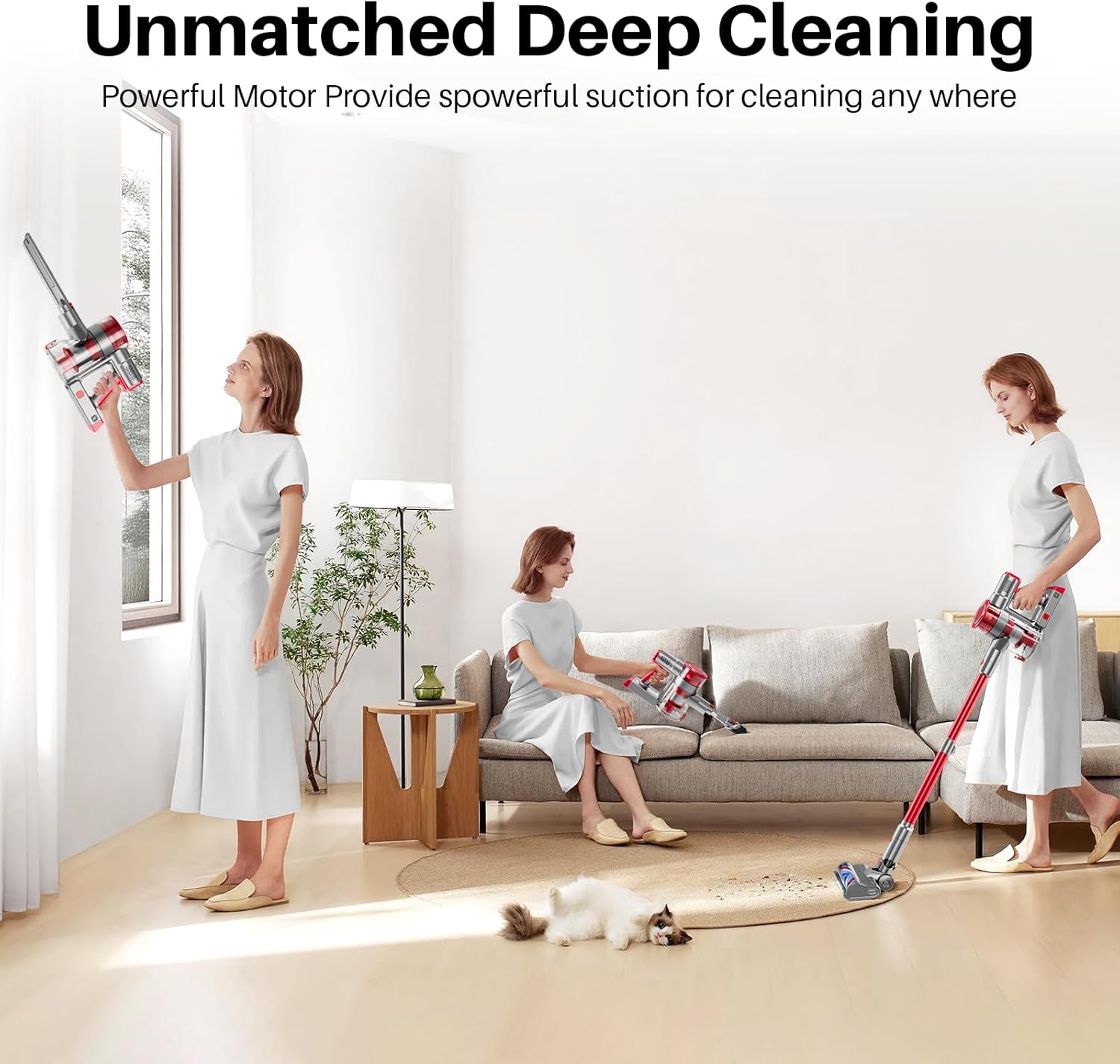 Cordless Vacuum Cleaner, Lightweight Stick Vacuum Cleaner for Home, 6 in 1, Anti-Tangle Vacuum with Powerful Suction, 180° Bendable Wand Rechargeable Cordless Vacuum for Floor Pet Hair/Carpet Deep Red