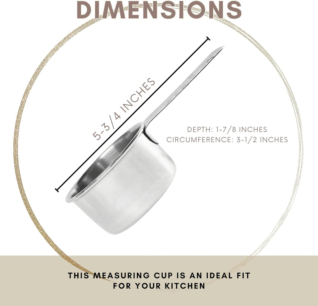 1 Cup Stainless Steel Measuring Cup | Sturdy Metal 250 ml | 240 cc | 8 oz | Single Cup for Wet and Dry Ingredients | Great for use as 1 Cup Dog Food Scoop - 12 PK