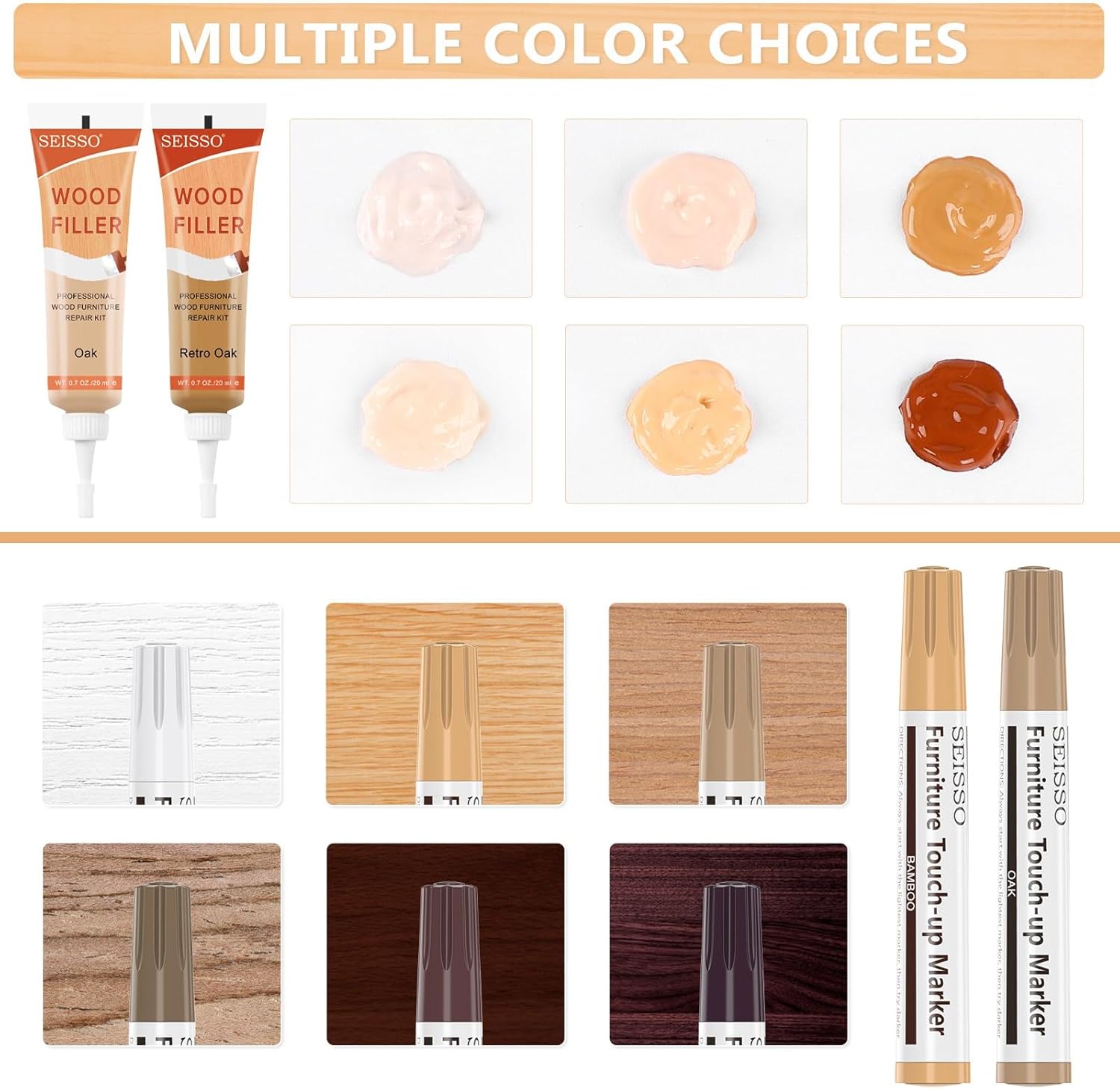 Wood Furniture Repair Kit - 6 Oak Color Wood Fillers with 6 Touch Up Markers and Wood Polish Wax for Wooden Stains, Scratch Repair, Cracks, Perfect for Laminate, Cabinet, Tables, Oak, Walnut