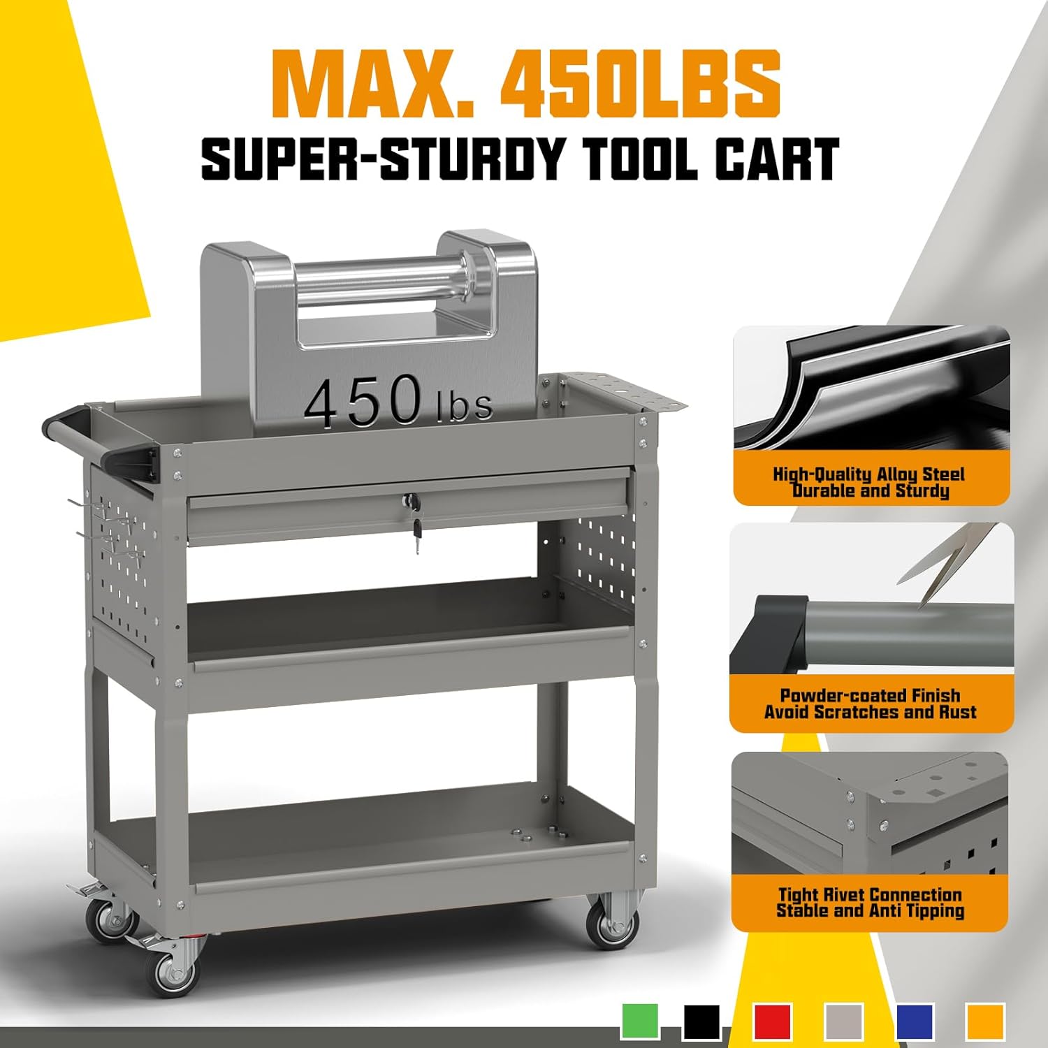 3 Tier Rolling Tool Cart with Drawers, 450 LBS Capacity Tool Cart on Wheels, Heavy Duty Rolling Utility Cart with Drawers, Rolling Utility Carts for Garage, Warehouse and Repair Shop,Gray