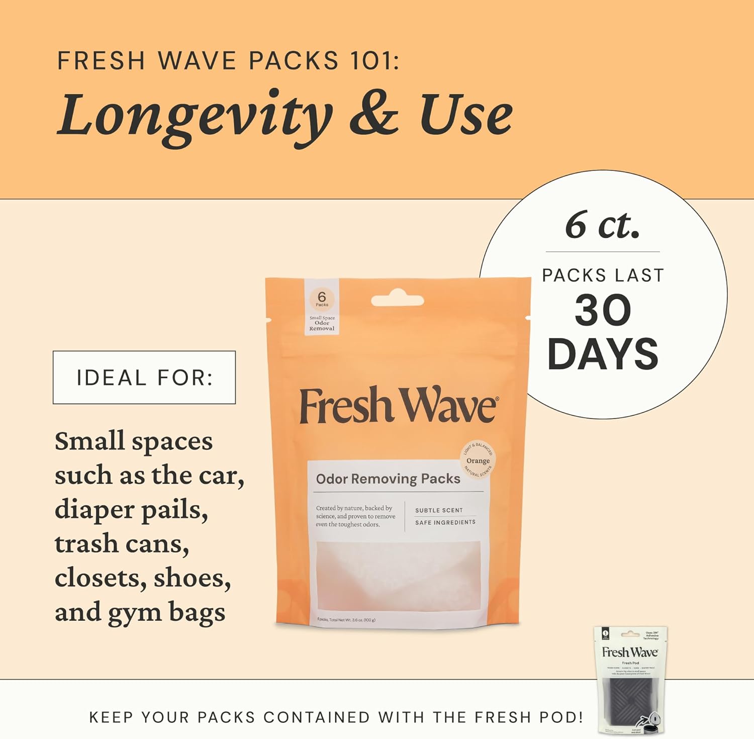 Fresh Wave Orange Odor Eliminating & Deodorizing Packs - Bag of 6 & Fresh Pod Case