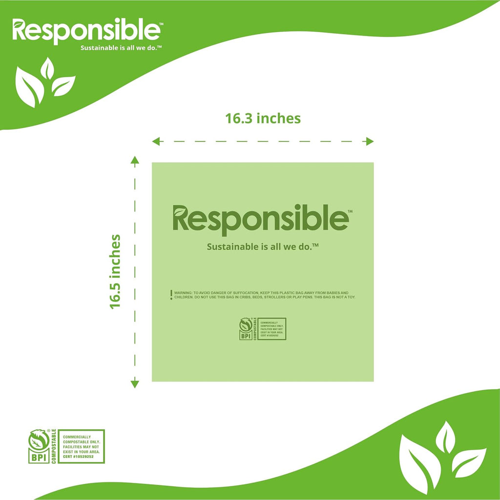 Responsible Products Kitchen Bin Liners, Certified Compostable, Heavy Duty Multipurpose Food Scrap Bags, Made from Compostable Materials (2.6 Gallon Flat Top, 2.6 Gallon (30 Count))