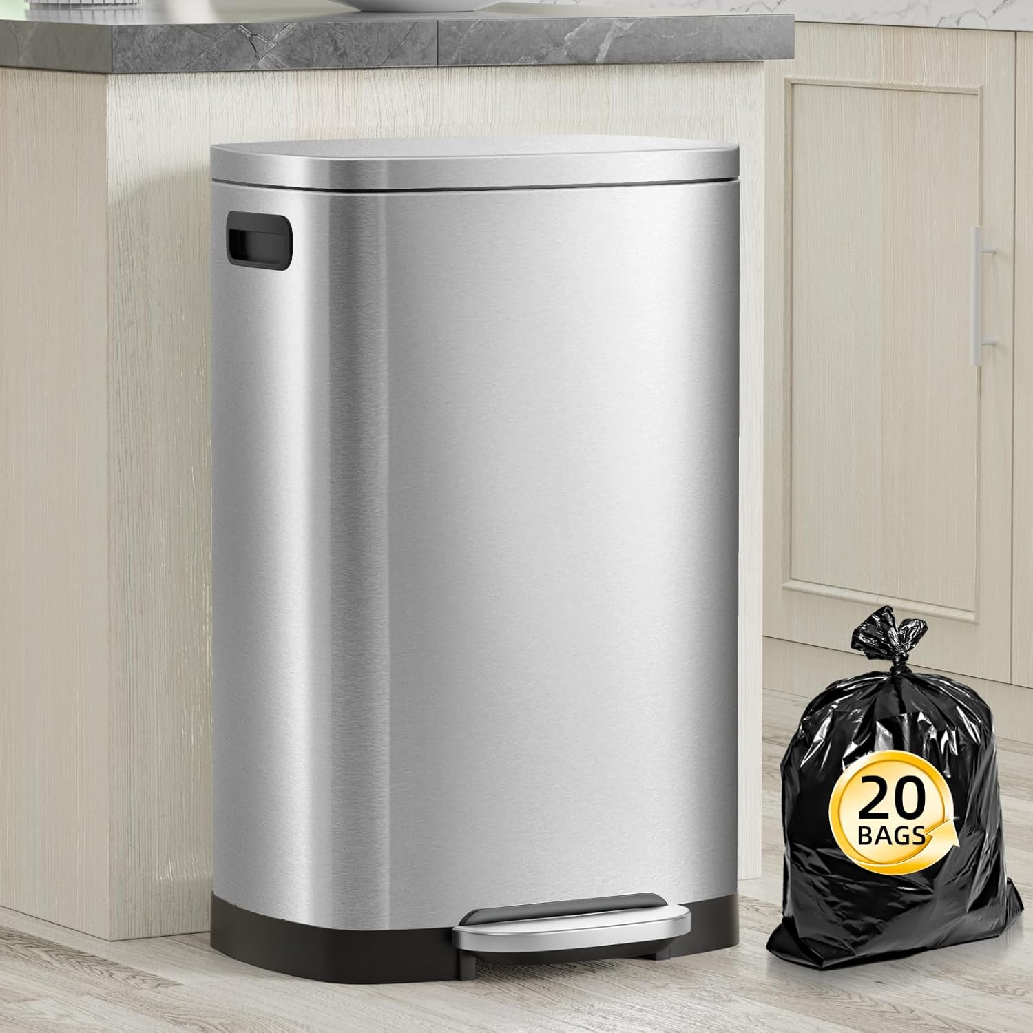 13 Gallon Trash Can with Lid, 50L Fingerprint Proof Stainless Steel Kitchen Trash Can with Removable Inner Bucket and Lid Soft Close, Pedal Rubbish Bin for Home Office