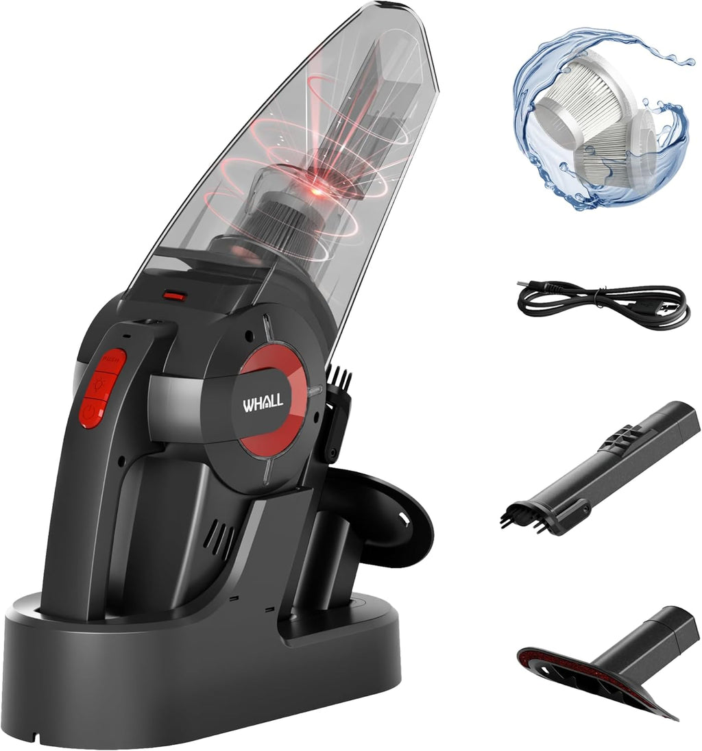 whall Handheld Cordless Car Vacuums, Wet and Dry Use 9000Pa Strong Suction Vacuums, Rechargeable Portable Vacuum Cleaner with LED, Charging Dock, Lightweight Mini Vacuum for Car, Home and Office, Red