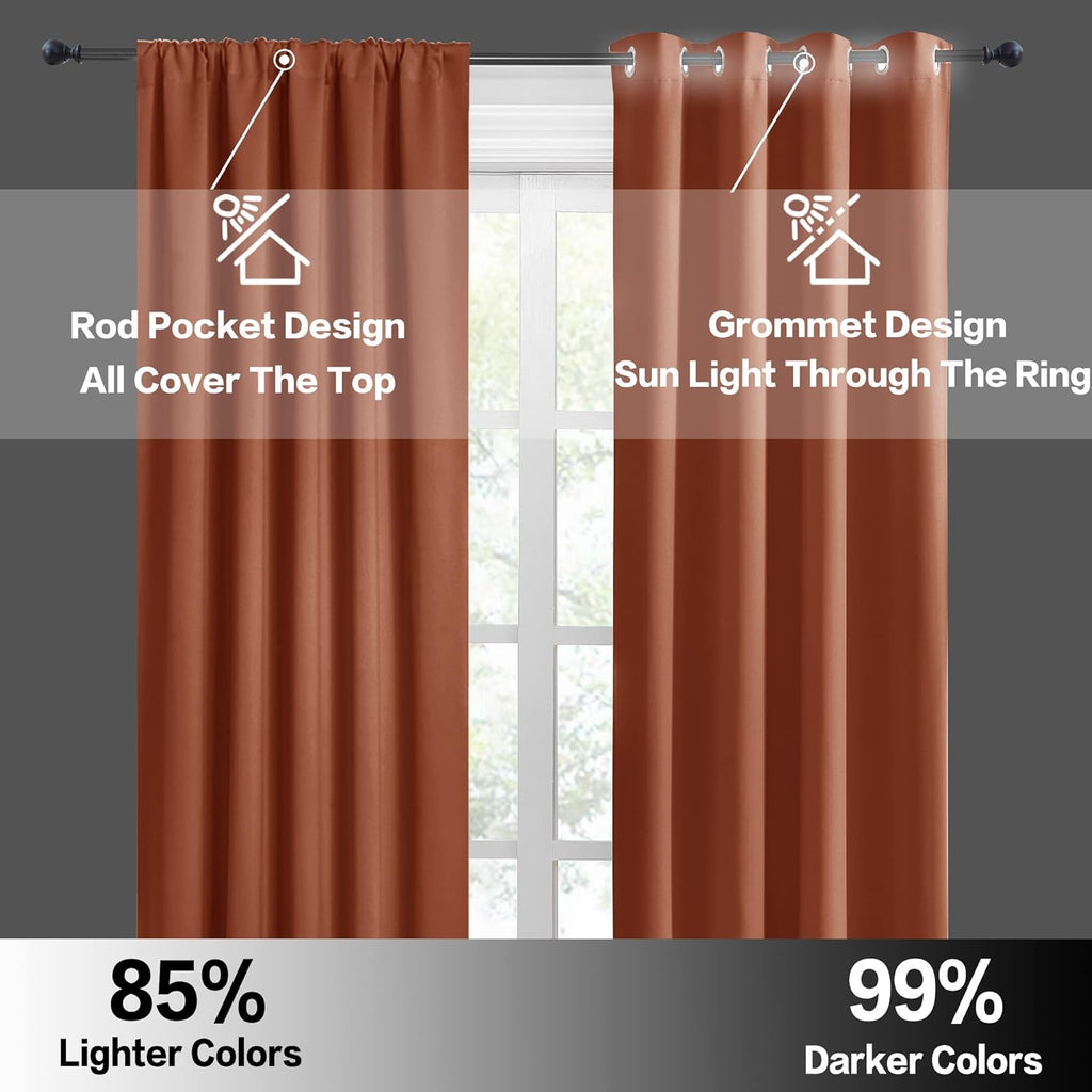 RYB HOME Blackout Curtains for Living Room, All Lights Blocking Rod Pocket Design Thermal Insulated Privacy Curtains Draperies for Bedroom Guest Room Playroom, W 42 x L 63 inch, 2 Panels, Burnt Orange