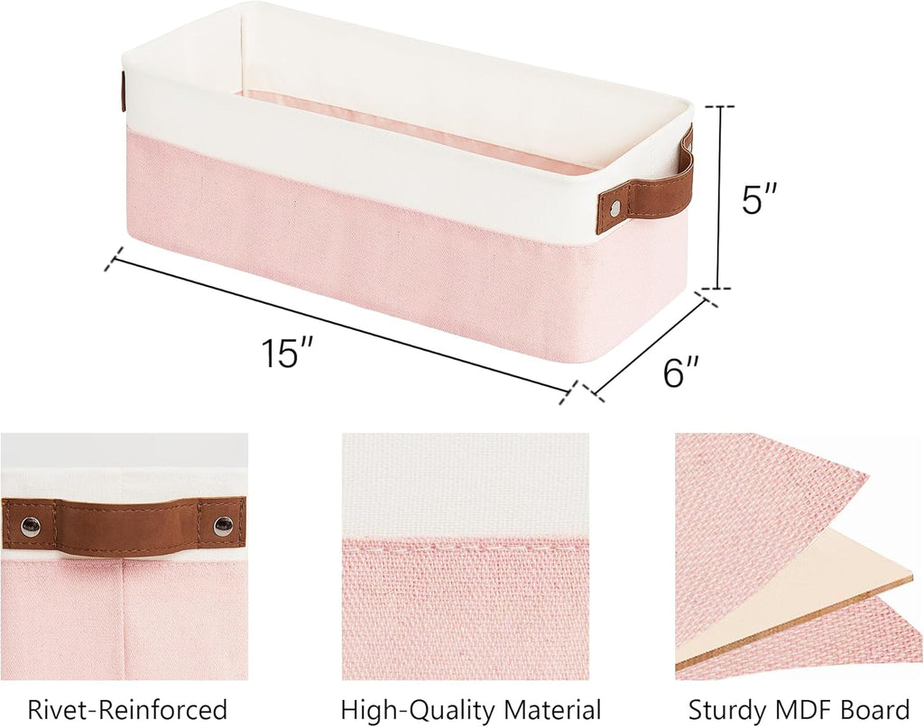 StorageWorks Narrow Storage Bins, Small Basket for Closet and Shelves, Fabric Organizer with Handles, Toilet Paper Storage, Pink and White, 2-Pack