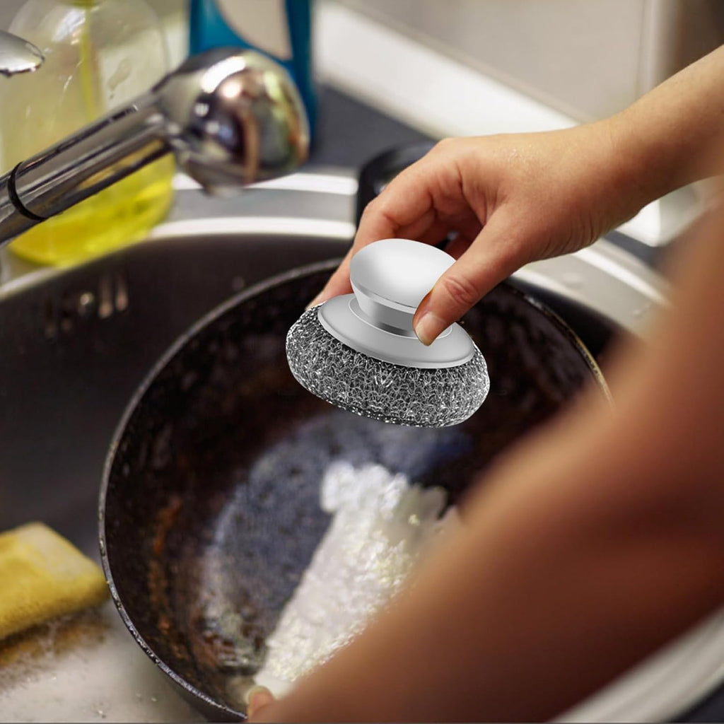 Stainless Steel Wool Scrubber with 2 Replacement Pads - Clean Metal Pans, Pots, Grills & More