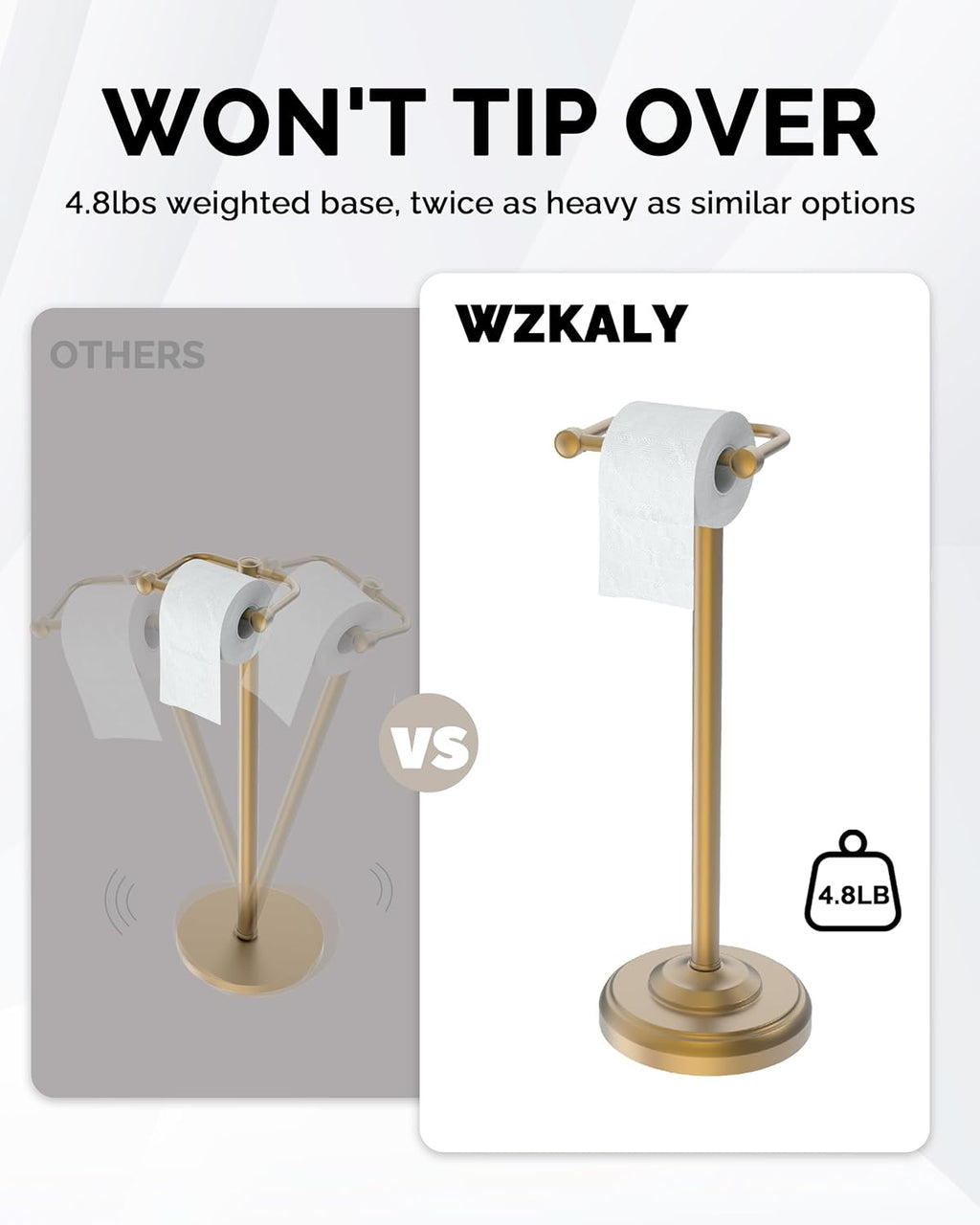 Toilet Paper Holder Stand, Brushed Brass Toilet Paper Holder Free Standing, Post Pivoting Design & Stable Weighted Base SUS304 Stainless Steel for Bathroom(Mega Roll)