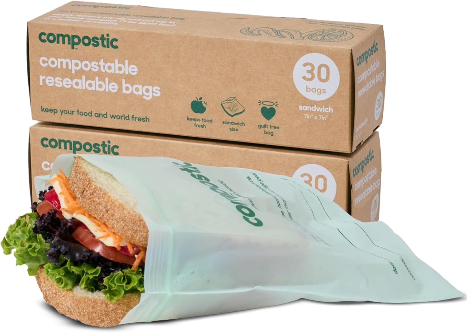 Compostic Home Compostable Resealable Sandwich Bags (7"x7"), Microwave & Freezer Safe, Organic Food Storage Container, 30 Count (Pack of 2)