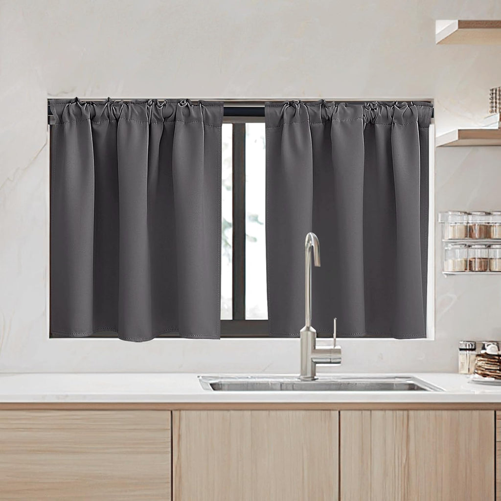 RYB HOME Kitchen Window Curtains - Blackout Privacy Half Window Curtains for Bedroom Bathroom Dining Living Room Cafe Office Short Tiers Drapes, W 34 x L 36 inches, 2 Panels, Grey