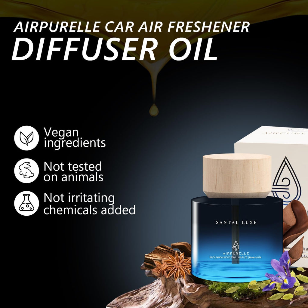 Car Air Freshener for Men & Women – Long-Lasting Spicy Sandalwood Essential Oil Diffuser for Car Cup Holder – 50ML (1.7 FL OZ) Car Scent Diffuser, Inspired by Perfume – Made in USA