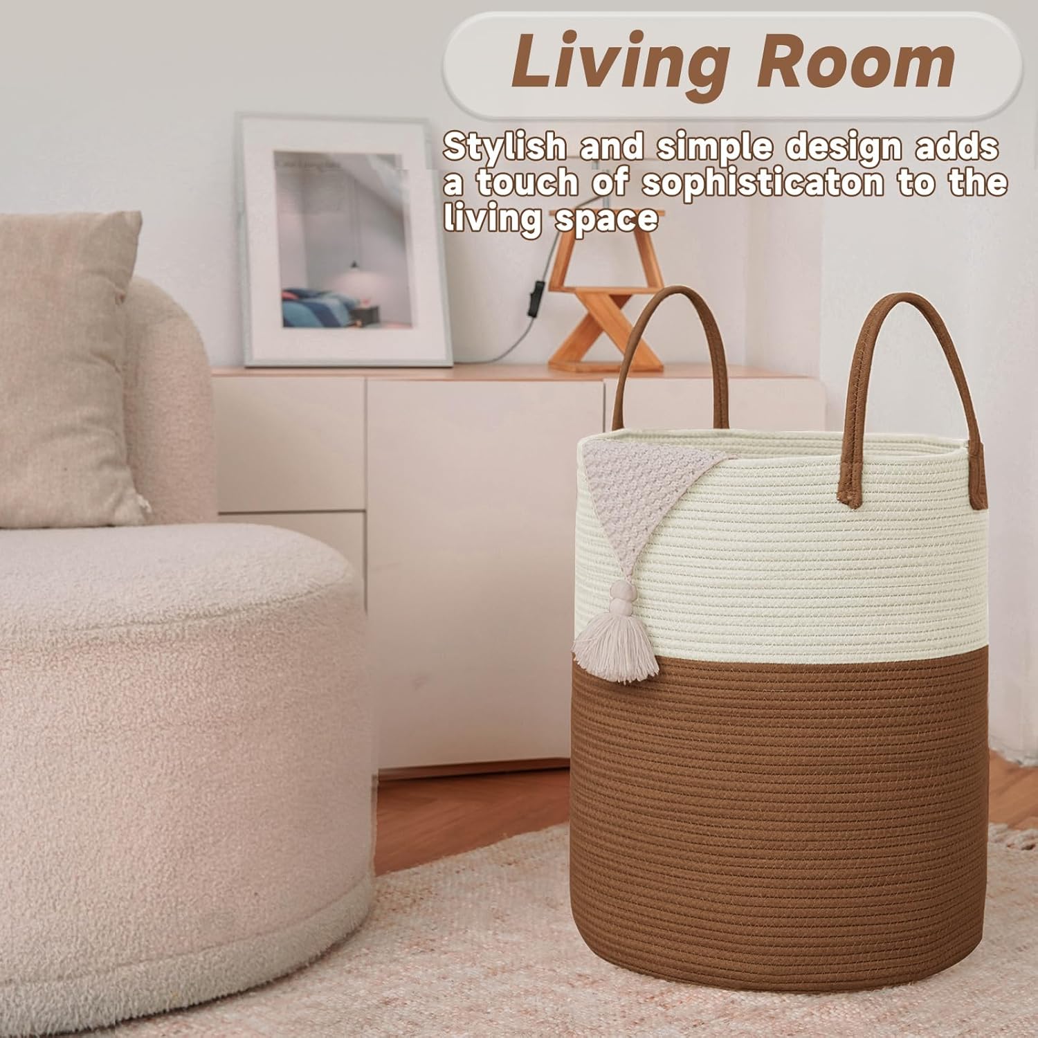 Large Woven Laundry Basket Hamper,100L Cotton Rope Storage Bin for Blankets,Toys and Clothes,Decorative Tall Nursery Hamper for Living Room,Baby Nursery,Bathroom and Bedroom,White and Brown