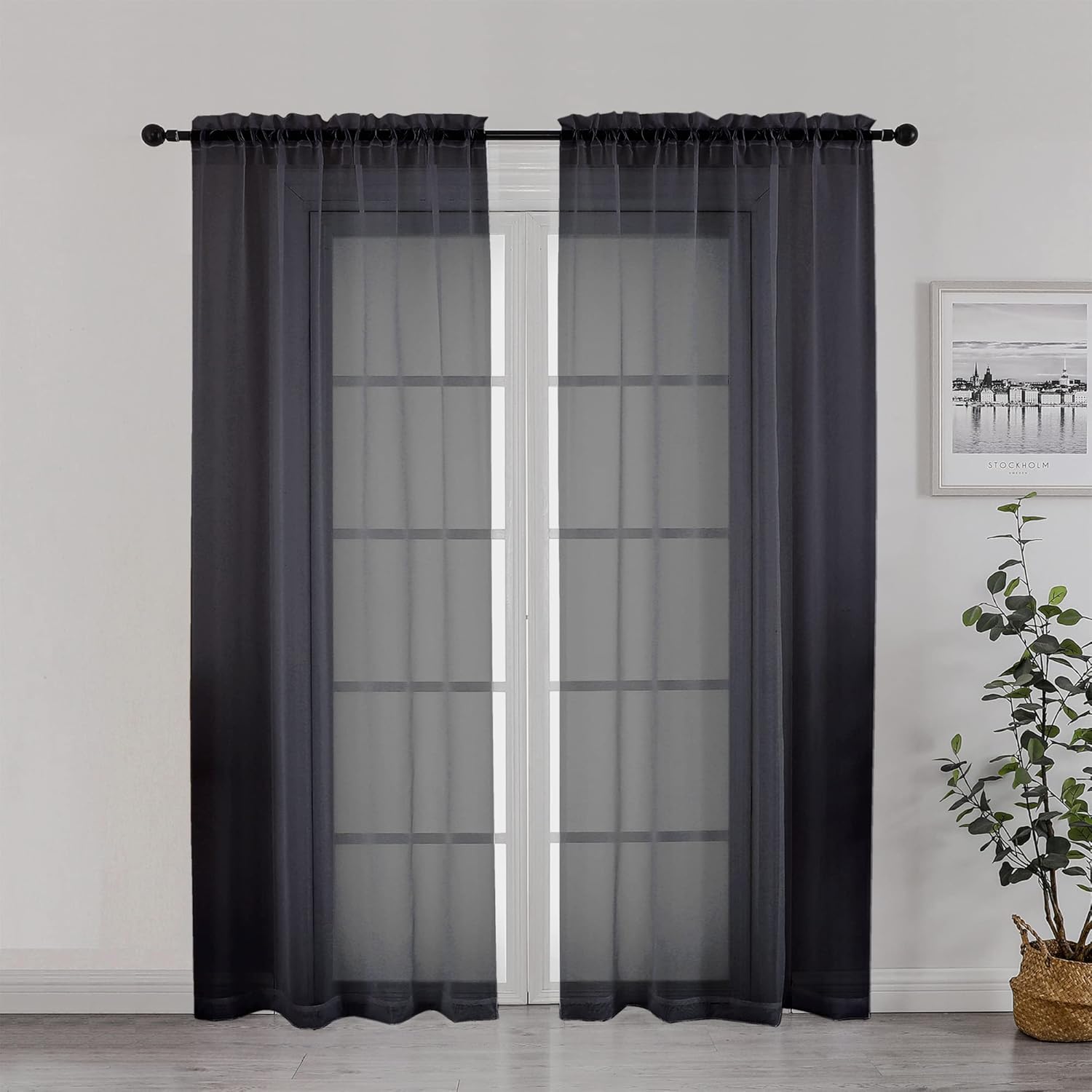 Chyhomenyc Black Sheer Curtain 72 Inches Length 2 Panels, Voile Top Dual Rod Pockets Light Filtering Airy Window Treatment Drapes for Living Room/Bedroom, Each 42Wx72L