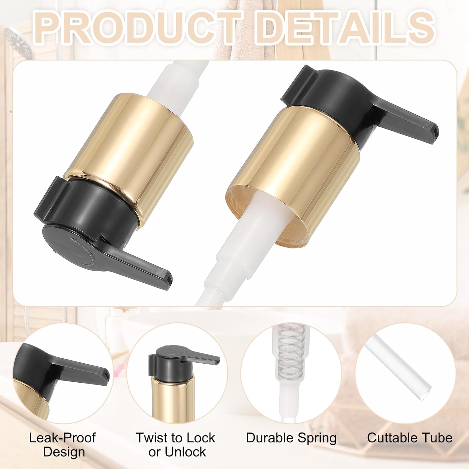 uxcell 2 Pcs Soap Dispenser Pump Heads, Hand Soap Dispensers Top Pumps Replacement Clip-on Pumphead for Standard 24/410 Neck Size Bathroom Lotion Shampoo Bottle, Gold Black