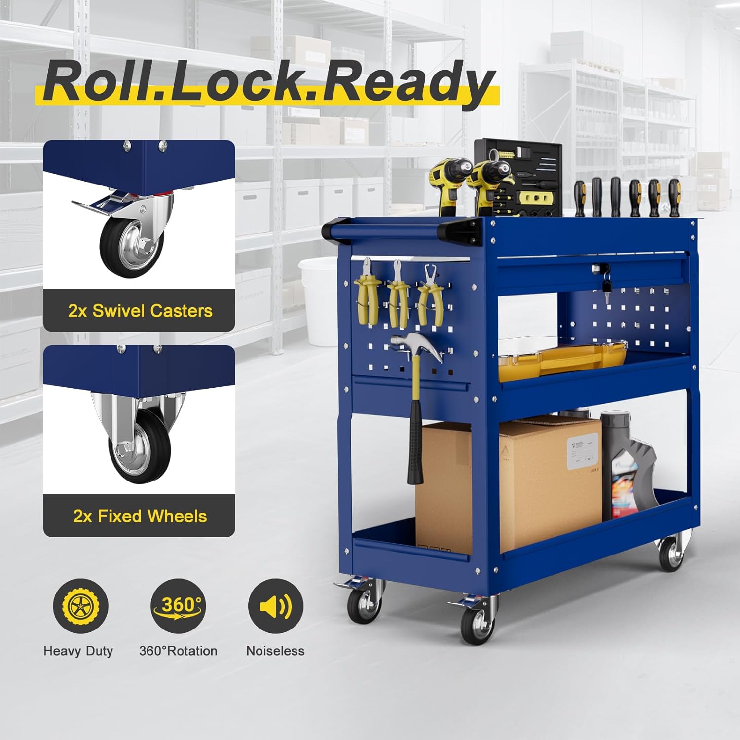 3-Tier Rolling Tool Cart with Drawers, Heavy Duty Utility Storage Cart with pegboard, Lockable Metal Tool Chest on Wheels for Garage, Warehouse & Repair Shop