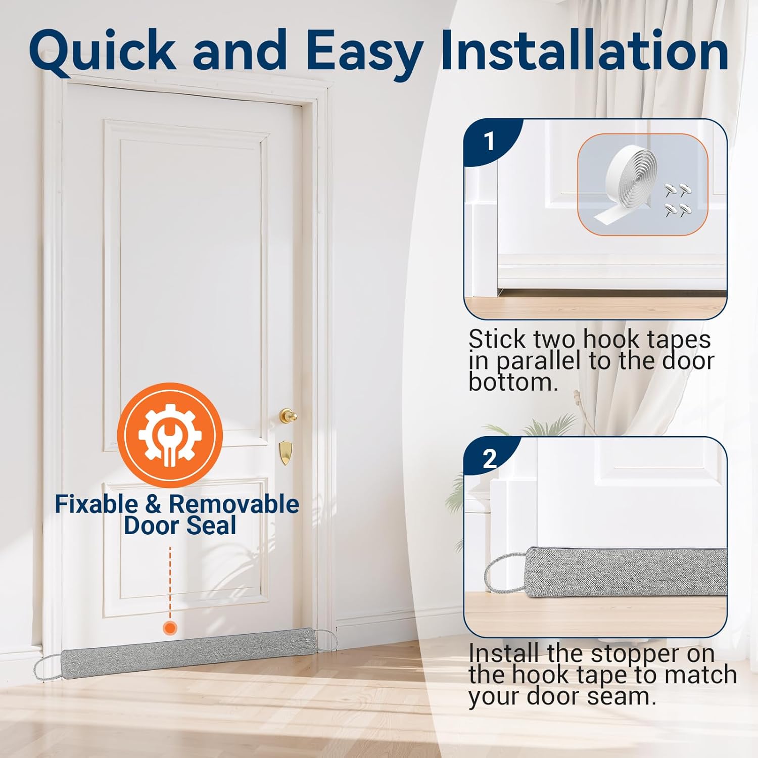 Door Draft Stopper for Bottom of Door, 36’’ Heavy Duty Under Door Draft Blocker Gap Filler, Door Seal for Noise Light Cold Air, with Adhesive Strips, Light Gray