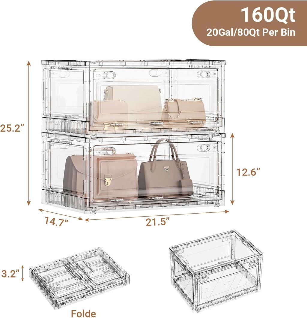 BROVIEW Clear Stackable Storage Bins Drawers, Open Front Large Plastic Storage Bins with Lids, Foldable Closet Organizers and Storage for Wardrobe Cabinets, Pantry, Makeup,2 Pack