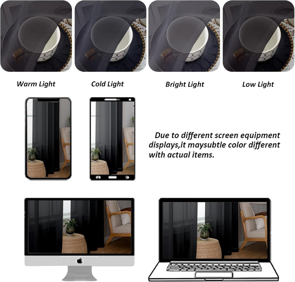 Chyhomenyc Black Sheer Curtains 96 Inches Long 2 Panels, Light Filtering Black Curtains for Living Room, Soft Gentle Voile Rod Pocket Bedroom Window Drapes, 59Wx96L Inch, 2PCS