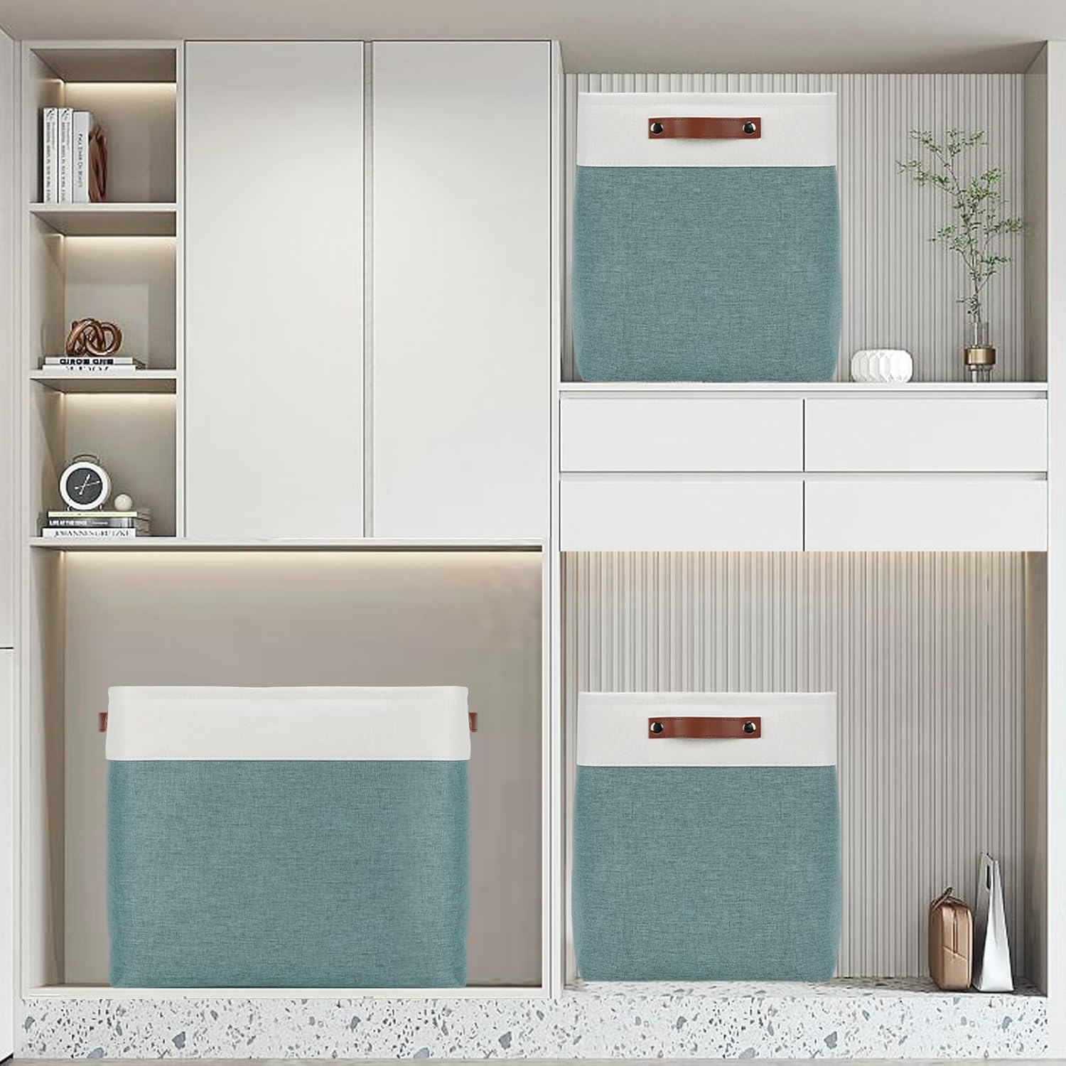 DULLEMELO Large Rectangular Baskets for Blankets 51L Canvas Storage Baskets for Organizing 3 Pack Collapsible Baskets Bins for Organizing Home Office with Handles (White&Deep Green)