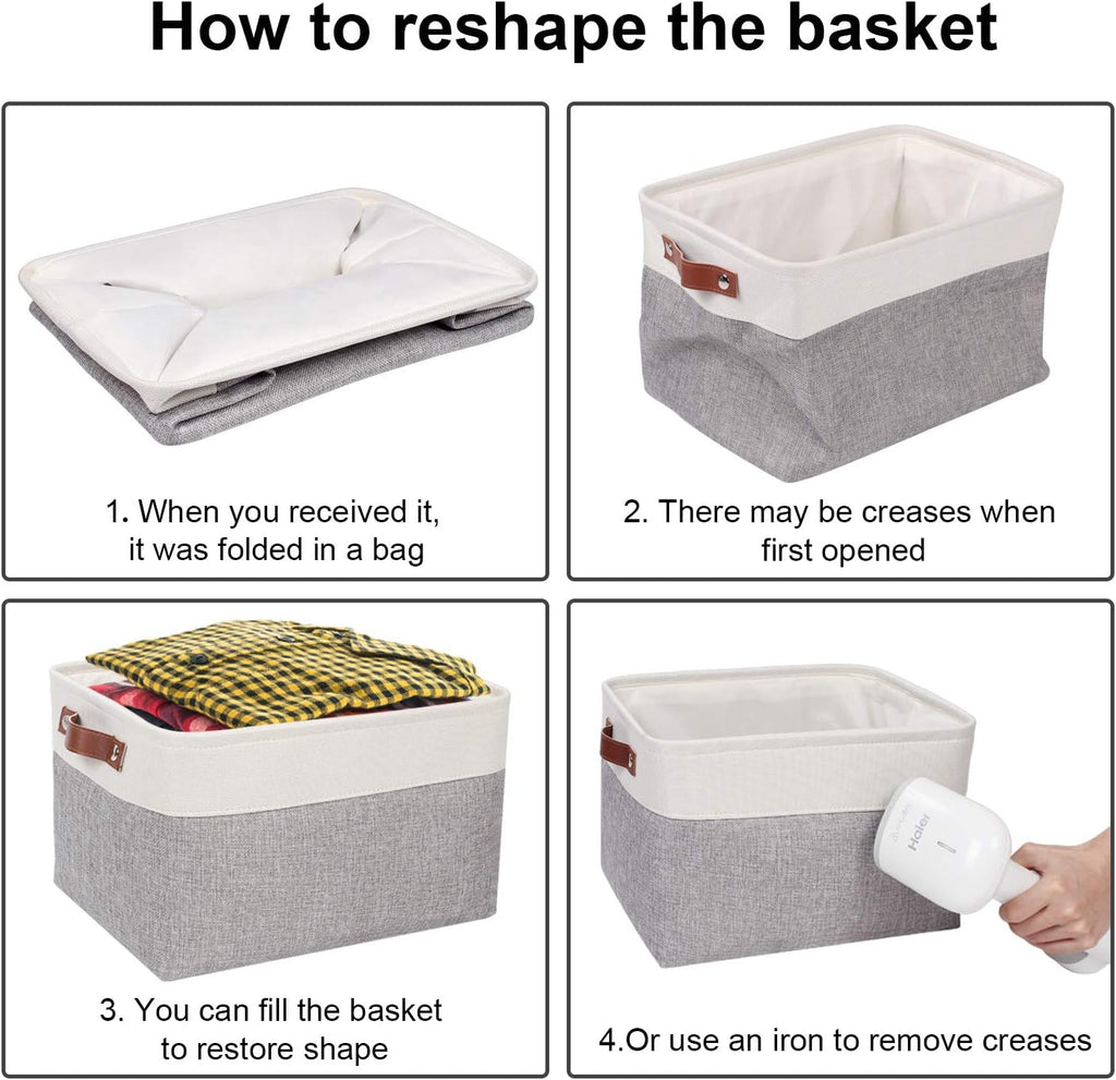 Univivi 15 inch Large Storage Baskets 4PC Gray Hard Bottom Foldable Storage Bins with PU Handles for Shelf Rectangle Fabric Baskets for Organizing (15”X10.5”X9.5”)