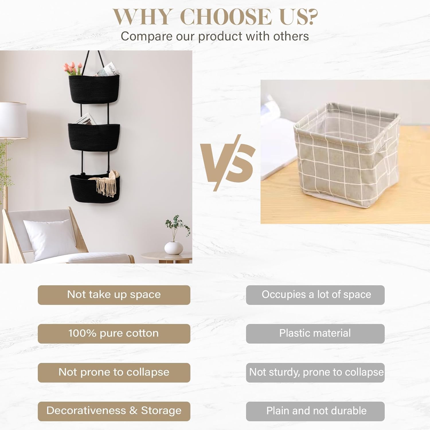 TeoKJ Over the Door Organizer, 3-Tier Woven Cotton Hanging Kitchen Baskets Storage Organizer Bag with Hooks Wall-Mounted Decorative Rope Baskets - Black