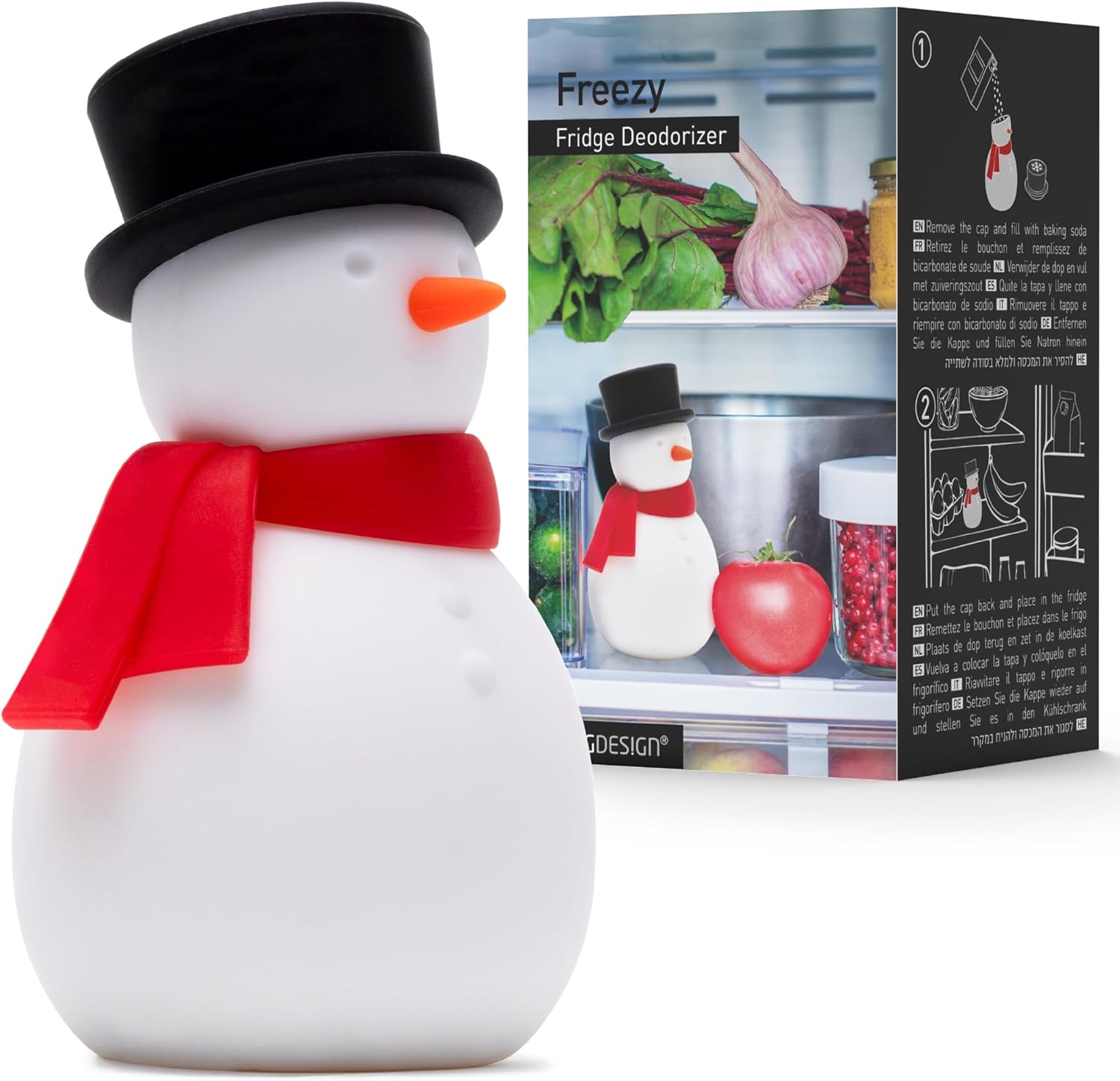 NEW - Peleg Design Freezy Fridge Deodorizer Odor Eliminator - Cute Snowman Baking Soda Container, Reusable Silicone Refrigerator Freshener, Fun Kitchen Gadget for Home Improvement