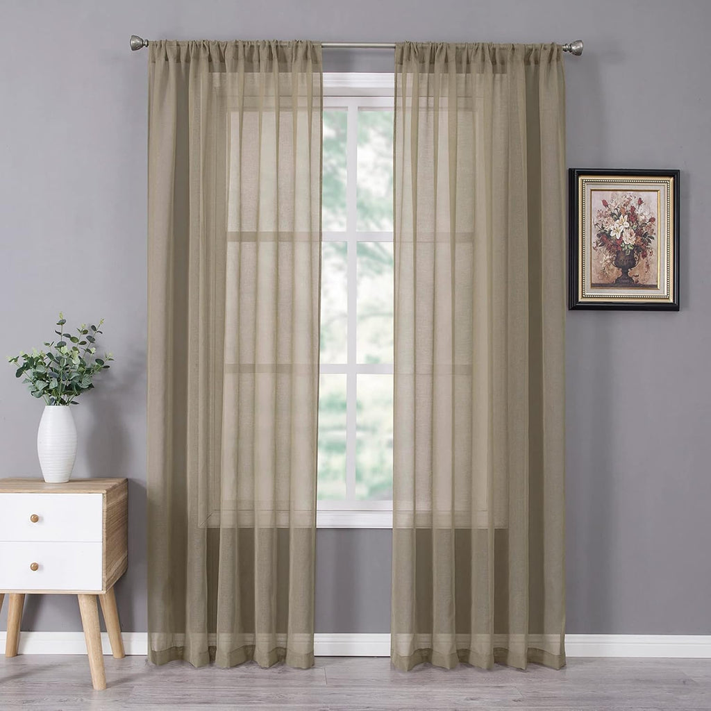 Tollpiz Sheer Curtain Linen Textured Bedroom Curtains Sheer Light Filtering Rod Pocket Voile Curtain for Living Room, 54 x 95 inches Long, Taos Taupe, Set of 2 Panels