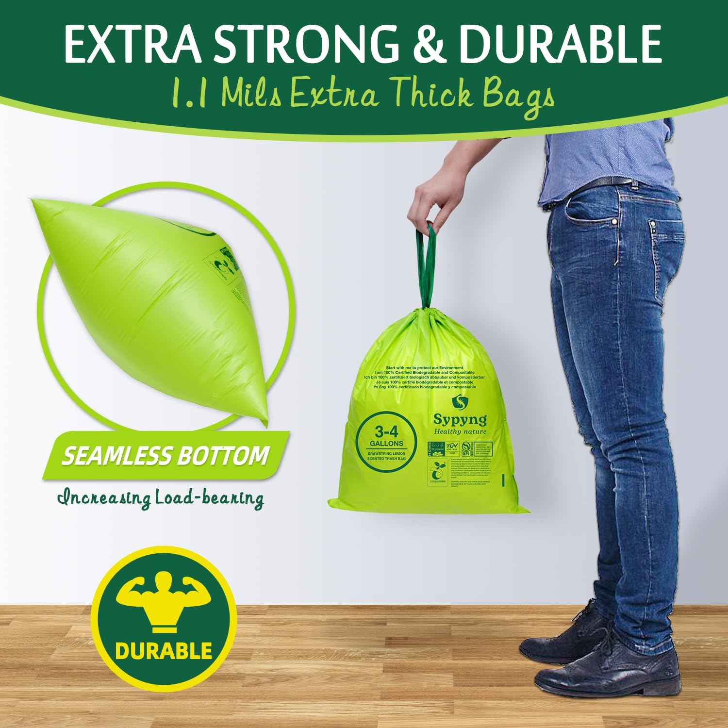 Compostable Kitchen Trash Bags 3-4 Gallon (100-Pack) - Heavy-Duty 1.1 Mil, 100% Biodegradable, ASTM D6400, BPI & OK Compost HOME Certified, Eco-Friendly, Leakproof & Odor Control