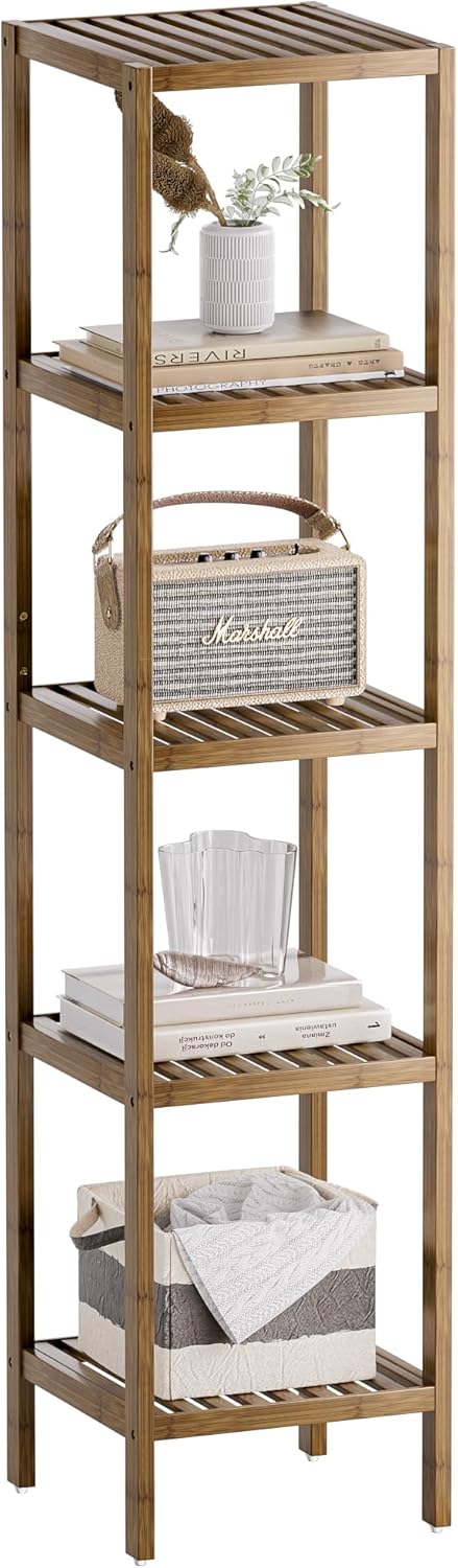 SMIBUY Bathroom Storage Shelf, 5-Tier Bamboo Rack Organizer, Multifunctional Shelving Unit for Living Room Bedroom Kitchen (Walnut)