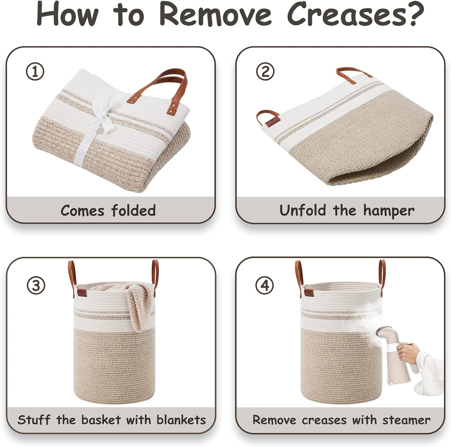 VIPOSCO Tall Laundry Basket, Large Dirty Clothes Hamper with Leather Handle, Woven Rope Storage Basket for Blanket, Toy In Living Room, Bathroom, Bedroom - 72L Brown & White