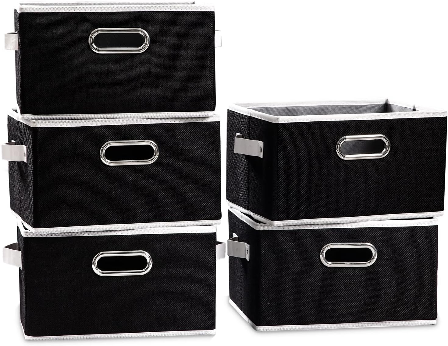 PRANDOM Fodable Storage Baskets for Closet [5-pack] Decorative Fabric Storage Bins Cubes with Leather/Metal Handles for Shelves Bedroom Living Room Black (11.5x8.5x6.7 Inch)