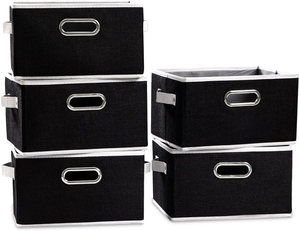 PRANDOM Large Collapsible Storage Bins for Closet [5-Pack] Decorative Fabric Storage Baskets Cubes with Leather/Metal Handles for Shelves Bedroom Living Room Black (14.9x9.8x8.3 Inch)