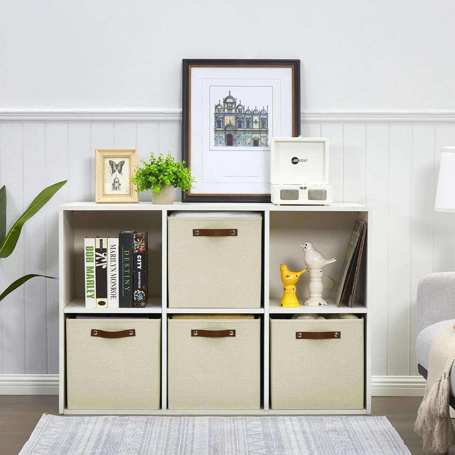 Collapsible Fabric Storage Cube Bins with 2 Reinforced PU Handles, Foldable Storage Organizer Baskets for Closet, Shelves, Living Room | 13"x13"x13", 4 Pack, Full Beige