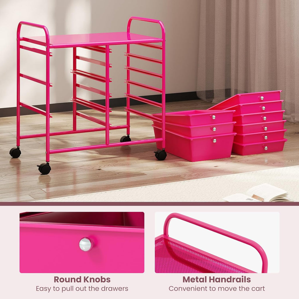 GOFLAME 9-Drawer Rolling Storage Cart, Mobile Utility Cart with Removable Drawers & Metal Frame, Art Craft Organizer Cart with Lockable Wheels, Storage Drawer Cart for Home Office School, Hot Pink