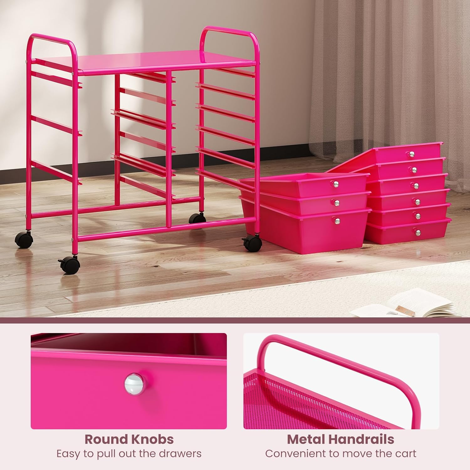 GOFLAME 9-Drawer Rolling Storage Cart, Mobile Utility Cart with Removable Drawers & Metal Frame, Art Craft Organizer Cart with Lockable Wheels, Storage Drawer Cart for Home Office School, Hot Pink