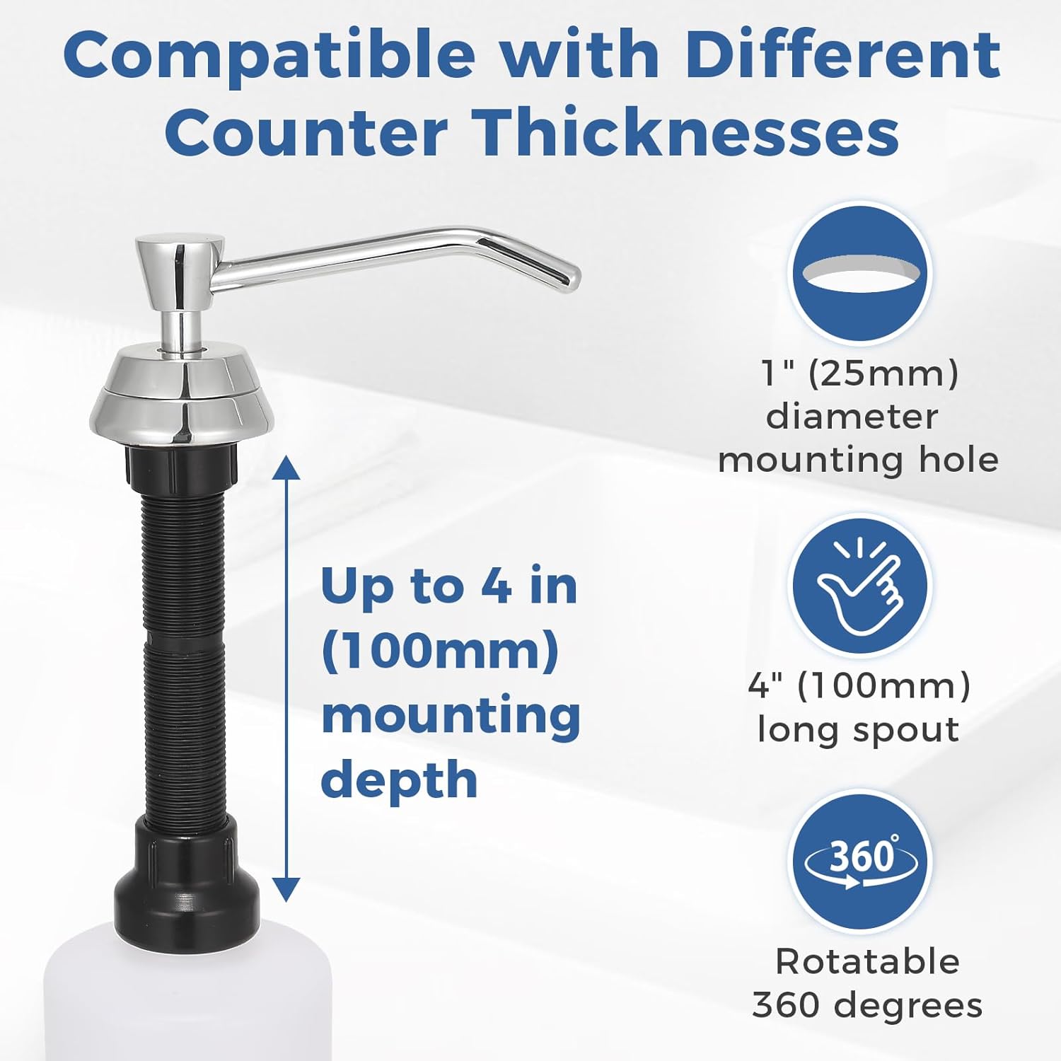 Heavy Duty Brass Countertop Liquid Soap Dispenser, Commercial Grade Top Fill Built-in Soap Dispenser with 34 oz/ 1L Bottle for Bathroom, Kitchen, Public Restroom, Chrome Finish, 4” Spout