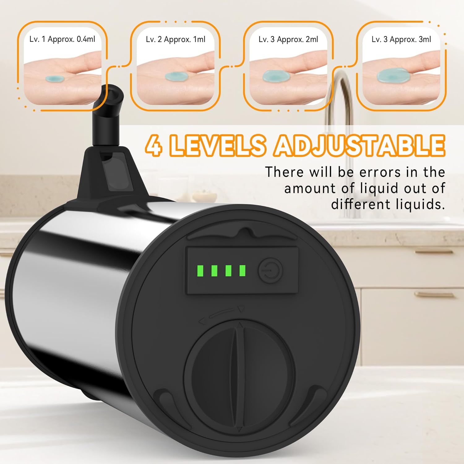 Automatic Soap Dispenser,Stainless Steel Material, Rechargeable Touchless Hand Sanitizer Pump,4 Adjustable Levels Smart Electric Dispenser,Suitable for Bathroom,Kitchen (Battery Silver)