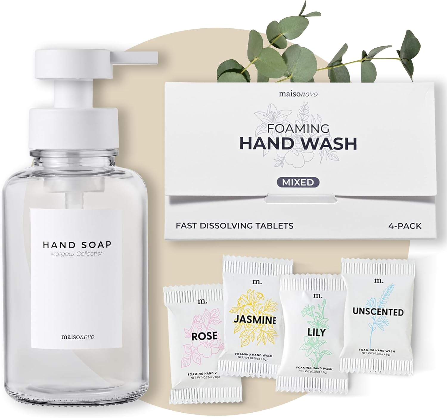 MaisoNovo 14 oz Clear Glass Foaming Soap Dispenser with White Pump + Mixed 4 Pack Foaming Hand Soap Refill Tablets