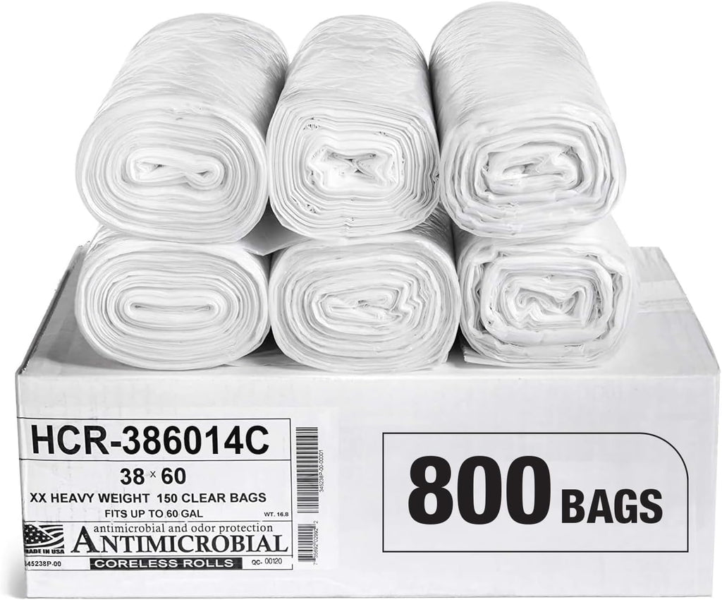 Aluf Plastics High Density Trash Bags, 60 Gallon, 800 Count, 14 Micron (eq), 38" x 60", Clear, for Bathroom, Office, Industrial, Commercial, Janitorial, Municipal, Recycling