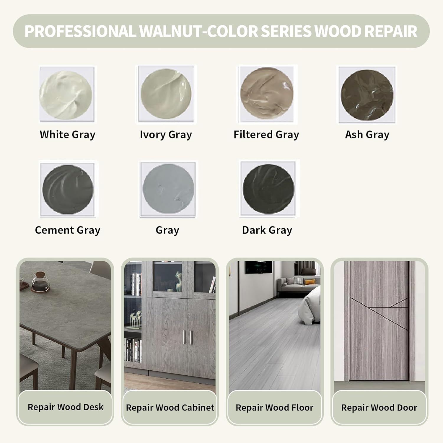 Wood Repair Kit, 13Pcs Wood Fillers, Furniture Repair Kit Scratch Cover for Wood Cracks, Stains, Discoloration for Furniture, Table, Door, Cabinet, Floor Wood Touch Up Wood Stain Paint, Gray