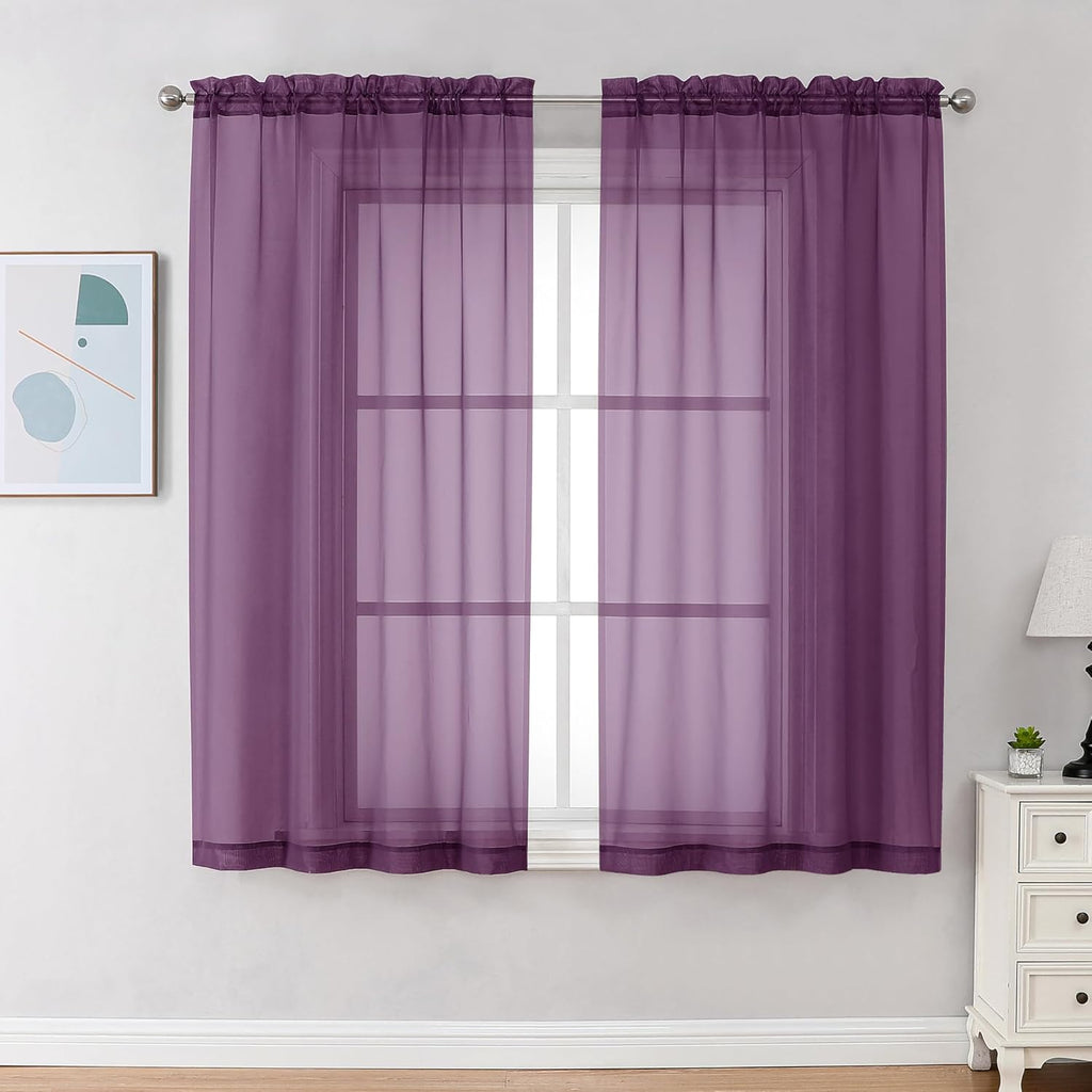 Chyhomenyc Plum Sheer Curtains 63 Inch Length 2 Panels, Rod Pocket Solid Window Sheer Curtain Panels, Elegant Curtains & Drapes for Living Room Bedroom 2 Panels (Plum, 42 W x 63 L)