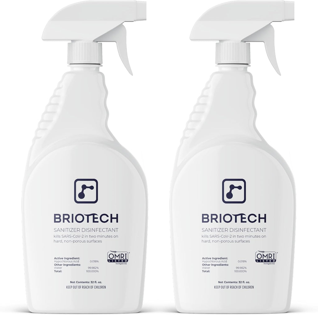 BRIOTECH Sanitizer Disinfectant Hypochlorous Spray, Kills 99.99% of Viruses & Bacteria, Eliminates Odor, Gentle for Nurseries & Play Rooms, Rinse Free Surface Sanitizer, 32 fl oz (Pack of 2)