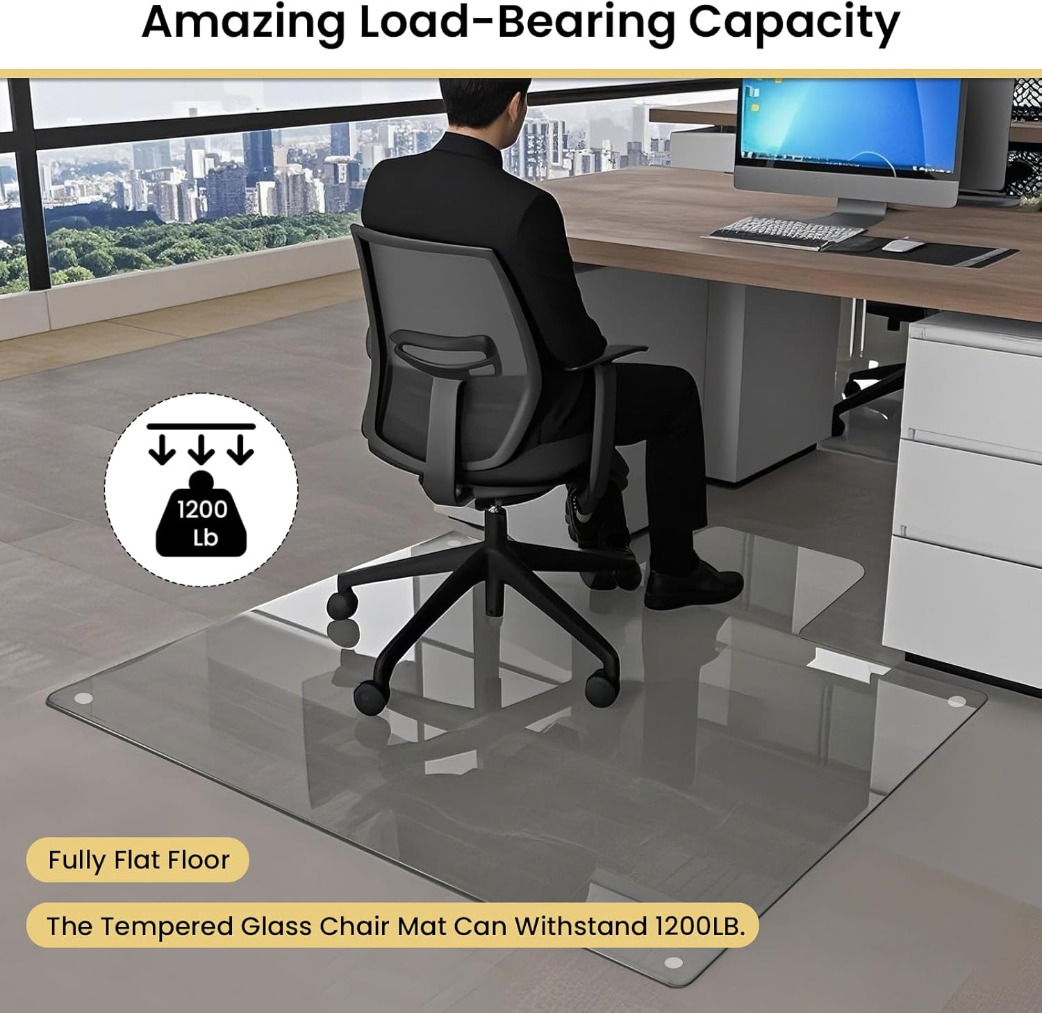 VSARHouse Irregular Tempered Glass Office Chair Mat with Lip, 53"x45" Glass Floor Mat for Carpets or Hard Floors, with Tabbed and Non-Slip Pads, Effortless Rolling, Thick 0.2"