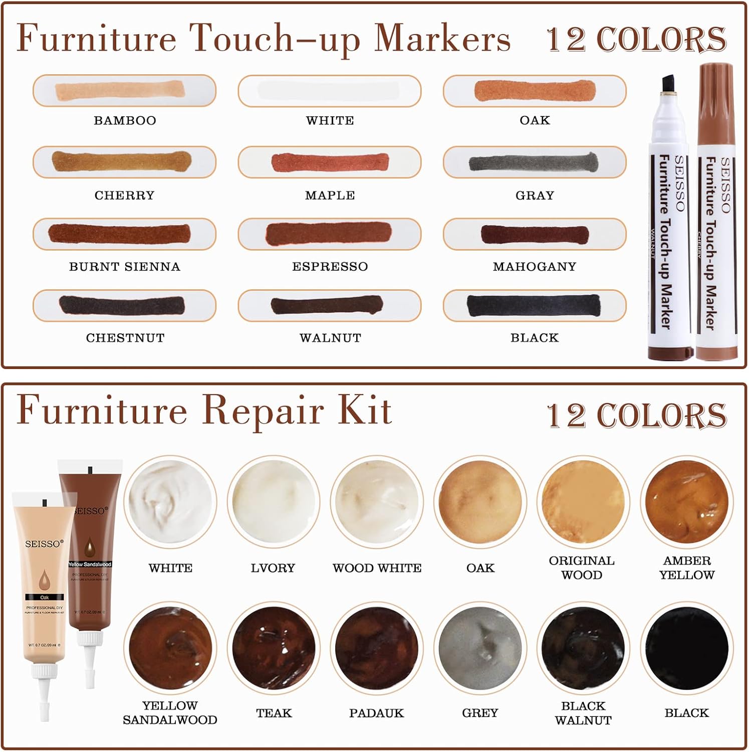 SEISSO Wood Furniture Repair Kit, Wood Filler and Touch Up Markers, Set of 28 Laminate Vinyl Floor Repair Kit for Scratches, Cracks, Holes, Discoloration for Door, Floor, Table, Cabinet