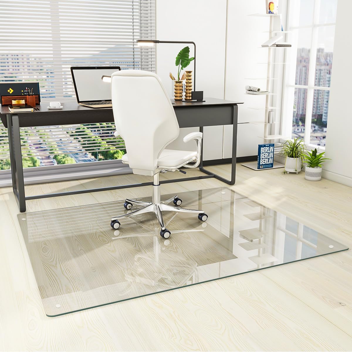 [Tempered Glass] 46" x 55" Glass Chair Mat, Heavy Duty Hard Floor Mat with Round Corner and Polished Edge, Office Chair Mat for Carpet Office Home Hardwood Floor Desk