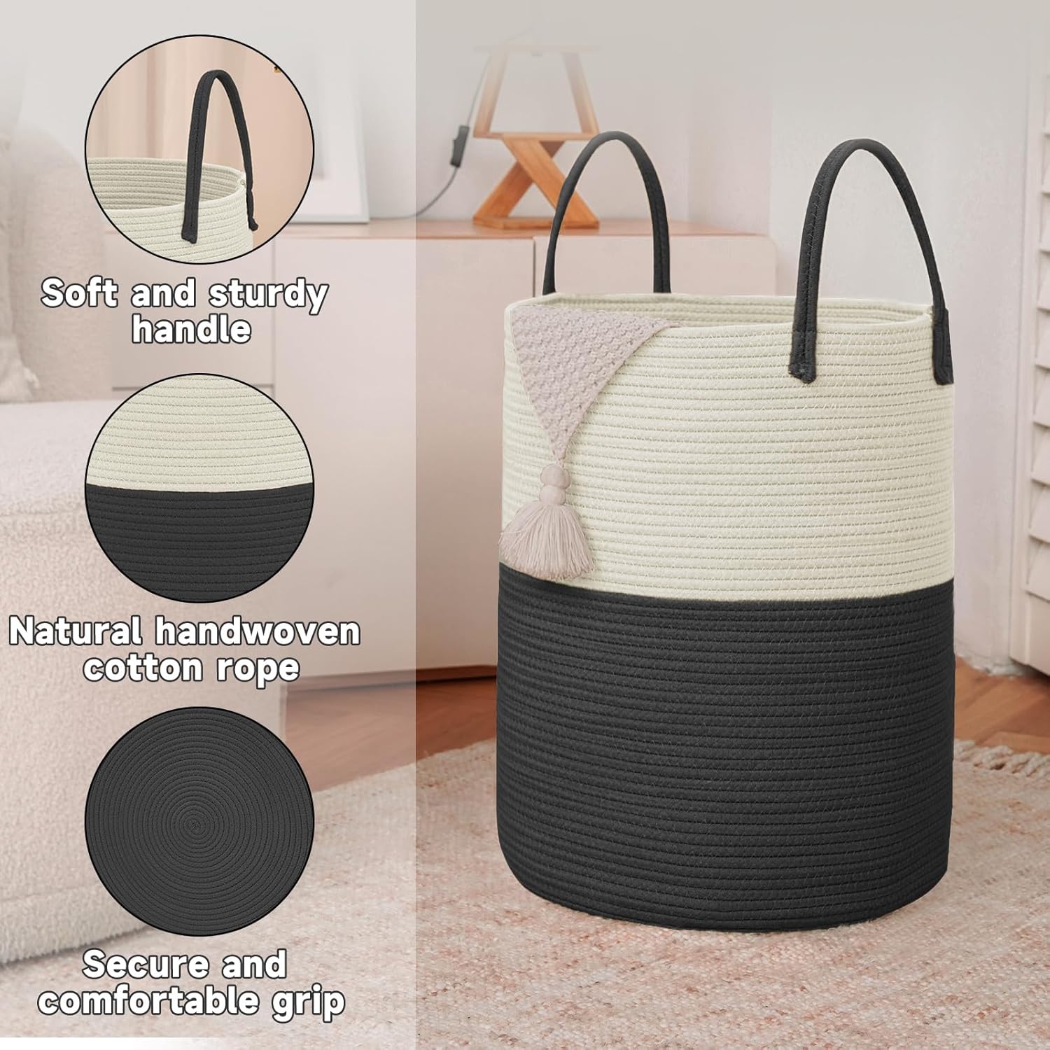 Large Woven Laundry Basket Hamper,100L Cotton Rope Storage Bin for Blankets,Toys and Clothes,Decorative Tall Nursery Hamper for Living Room,Baby Nursery,Bathroom and Bedroom,White and Black