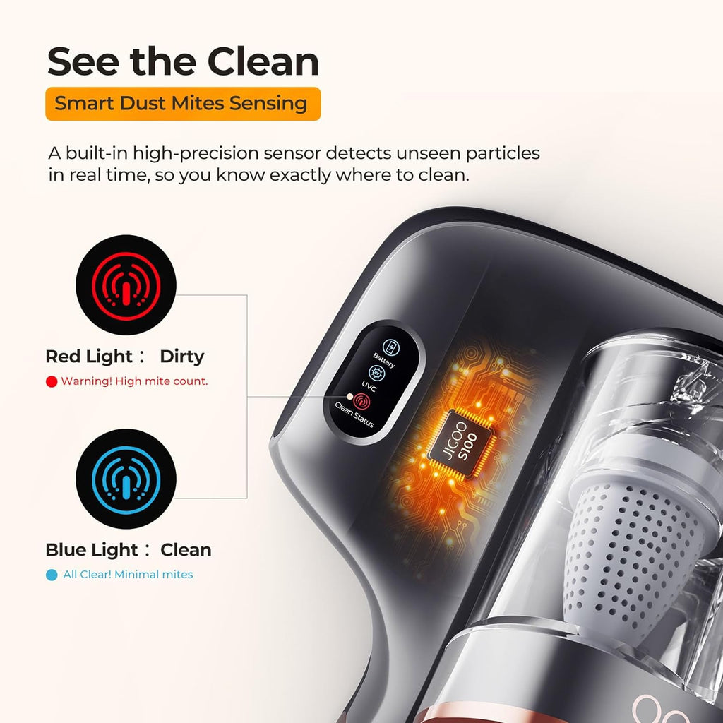 JIGOO Mattress Vacuum Cleaner with UV-C Light, Bed Vacuum Cleaner with Dust Sensor, Ultrasonic and High Heating, Deep Cleaning Bed Vacuum for Sofa Bed Fabric Surface (S100 Cordless)