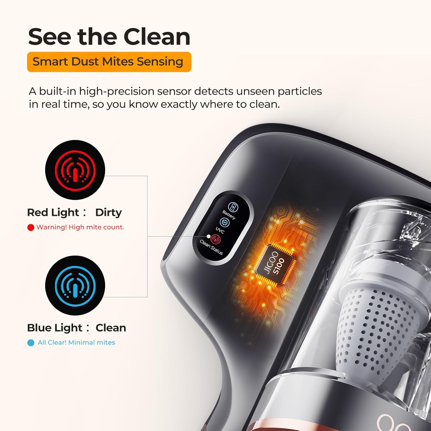 JIGOO Mattress Vacuum Cleaner with UV-C Light, Bed Vacuum Cleaner with Dust Sensor, Ultrasonic and High Heating, Deep Cleaning Bed Vacuum for Sofa Bed Fabric Surface (S100 Cordless)