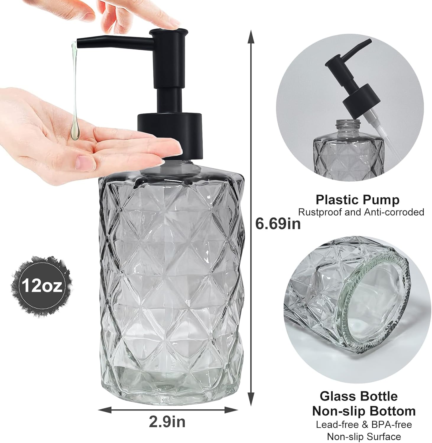 Crystal Glass Soap Dispenser, 12oz Gradient Grey Bathroom Hand Dispenser, Lotion Dispenser with Black Plastic Pump for Modern Home Decor, Kitchen Countertop, Hotel